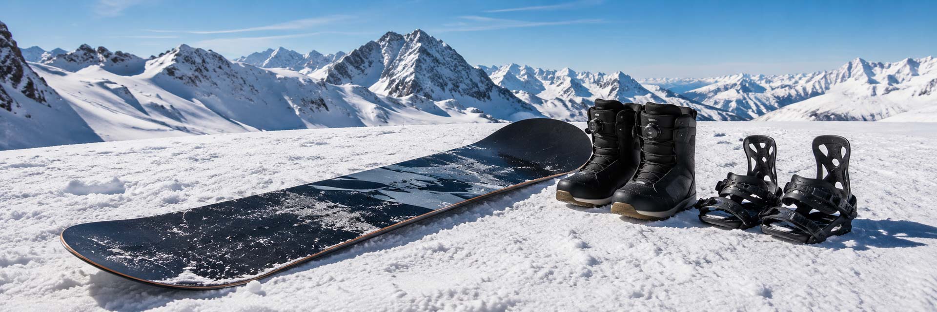 une planche de snowboard, une paire de boots et des fixations de snowboard sur la neige.