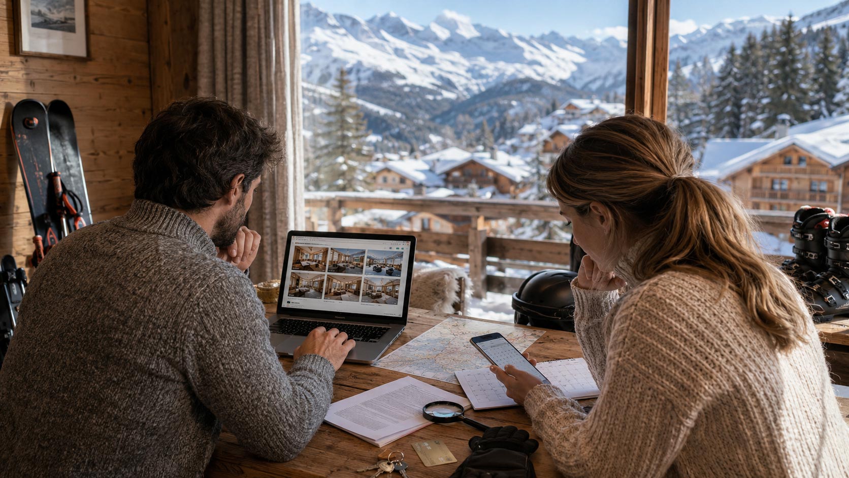 un couple qui recherche des logements pour le ski
