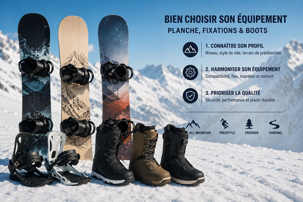 résumé sur le choix d'une planche de snowboard, d'une fixation et d'une paire de boots.