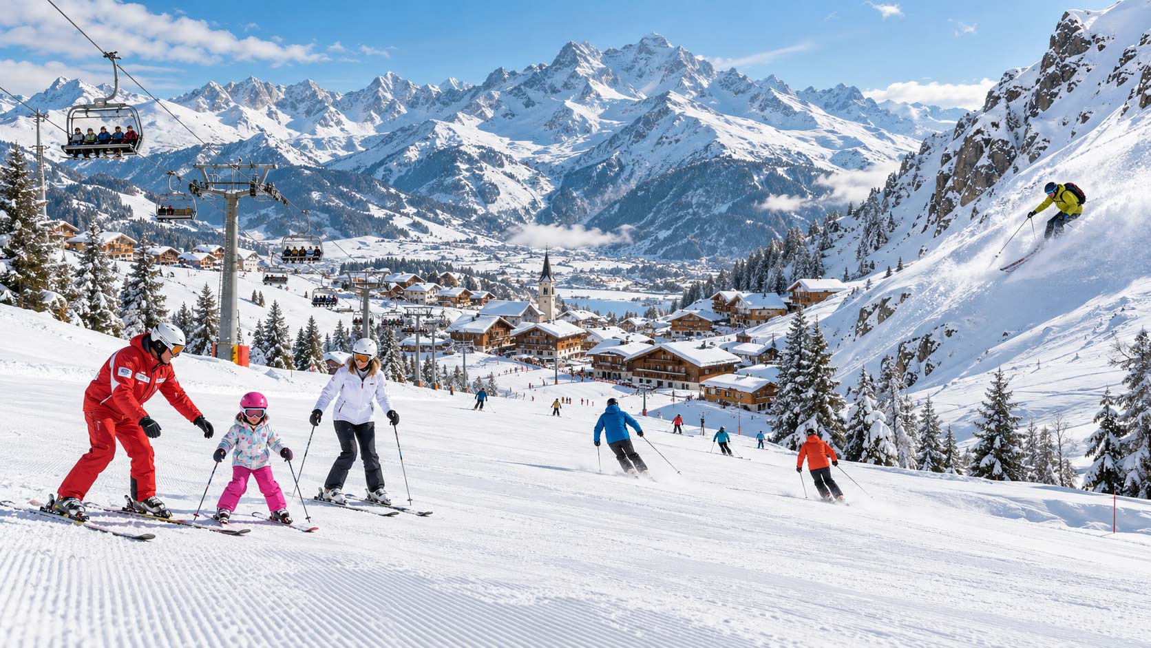 Des skieurs débutants et un professeur de ski.
